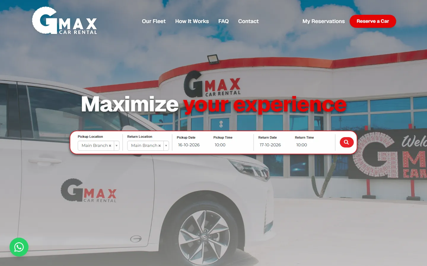 Gmax Car Rental homepage: 'Maximize your experience' over a photo of the Gmax branch in Aruba, with a pickup and return booking bar across the hero