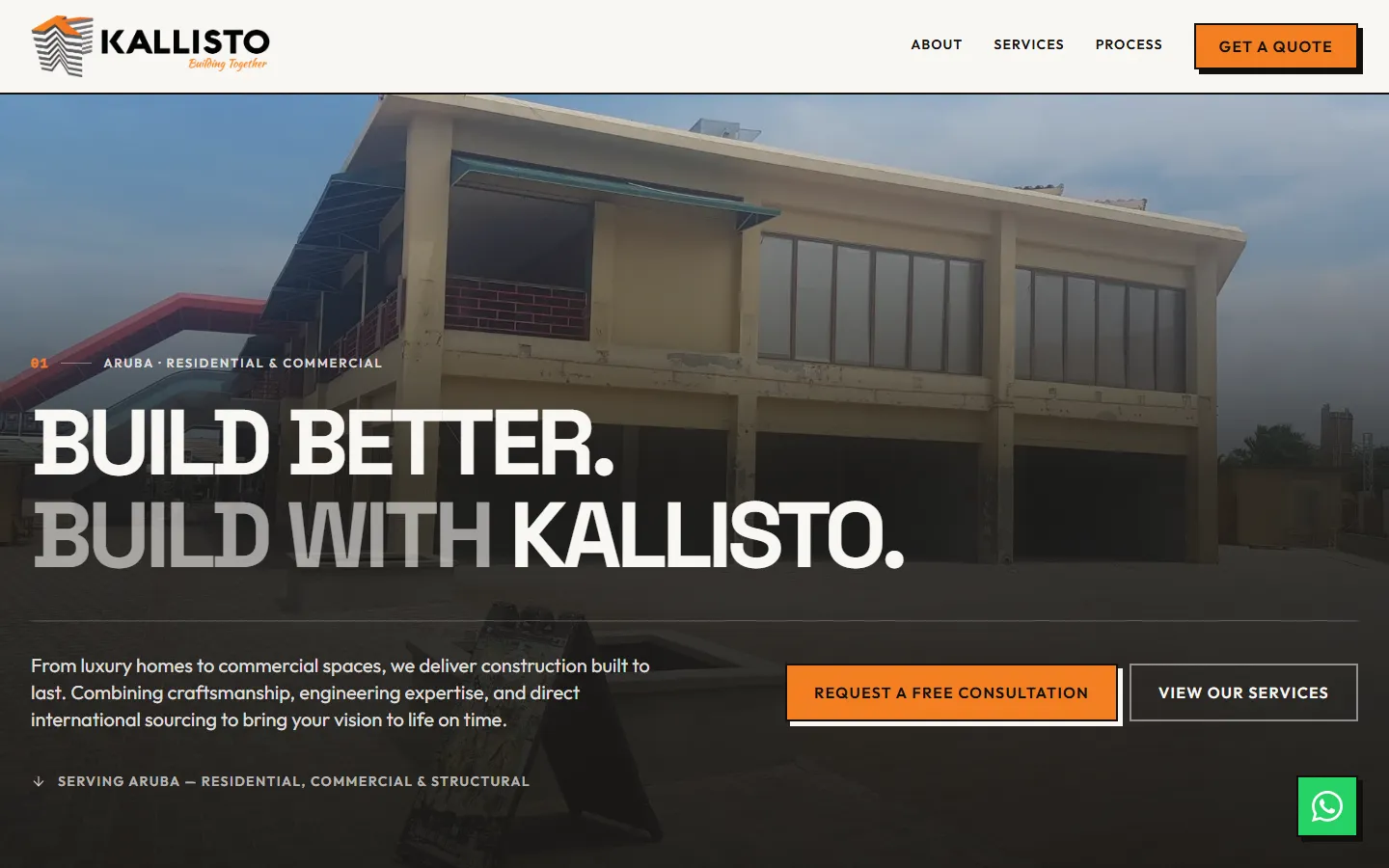 Kallisto Construction homepage: 'Build better. Build with Kallisto.' over a photo of a two-storey building under construction, with a request-a-consultation button