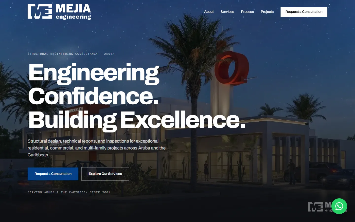 Mejia Engineering homepage: 'Engineering confidence. Building excellence.' over a night render of a commercial building with palm trees, and a request-a-consultation button