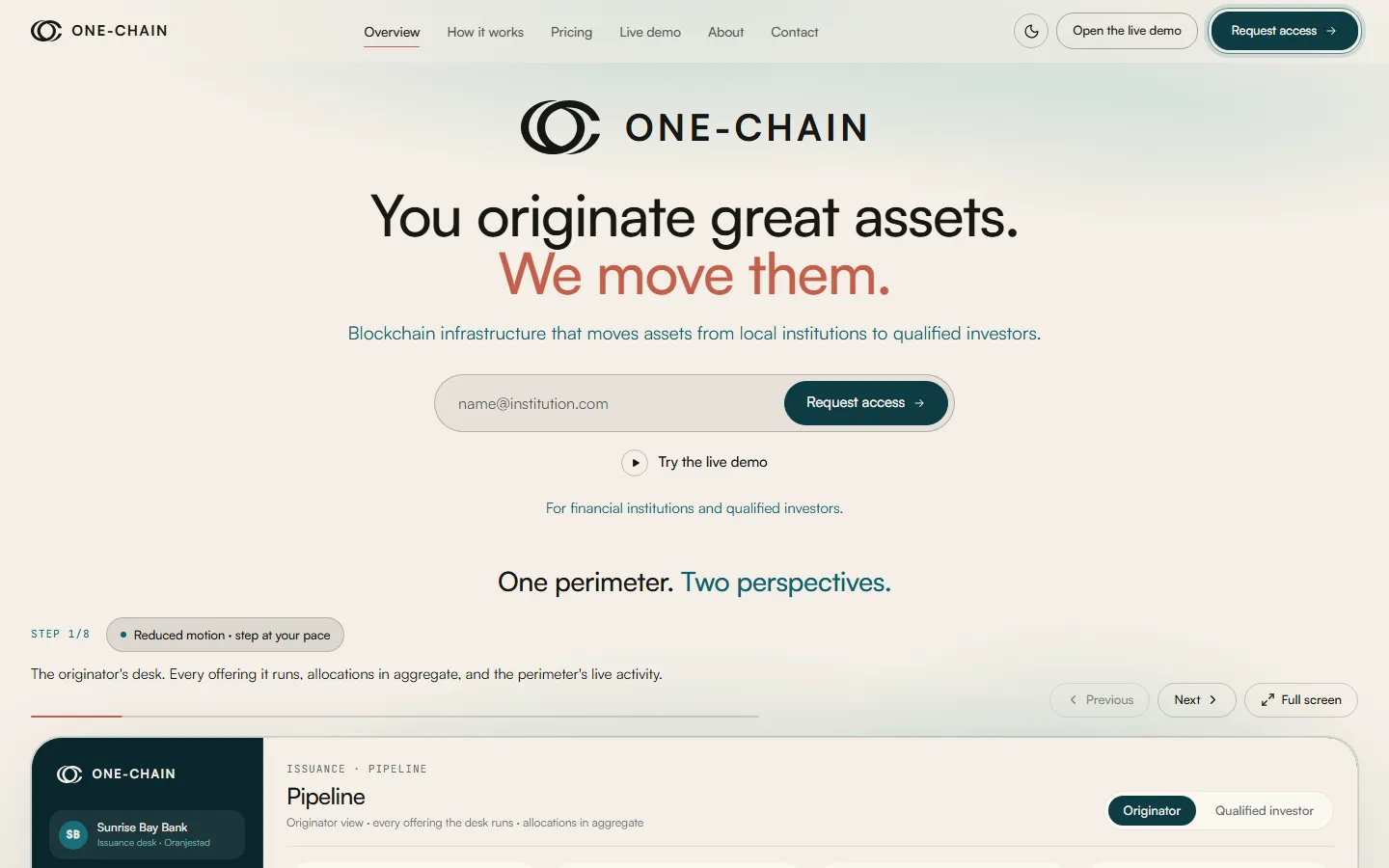 ONE-CHAIN homepage: the headline 'You originate great assets. We move them.' over a request-access email field, with the live demo console beginning below